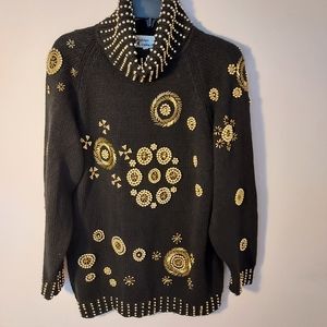 Vintage Western Connection Festive Gold Beaded Cowl neck Sweater Holiday Fancy